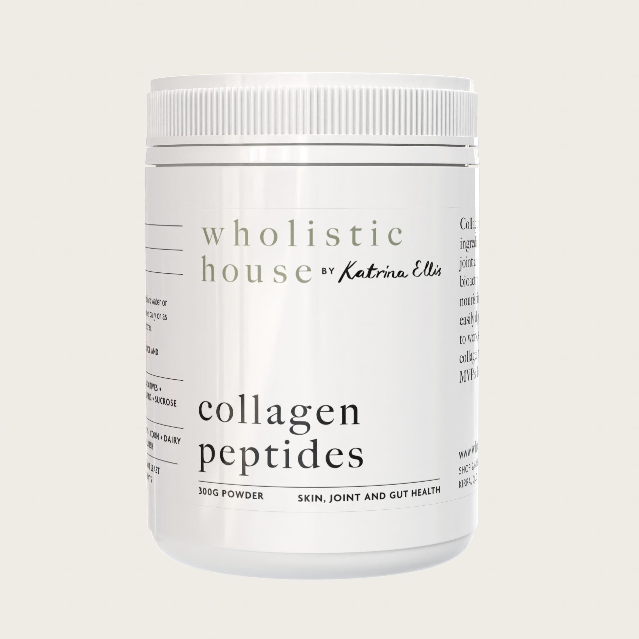 A white container labeled 'collagen peptides' by Wholistic House