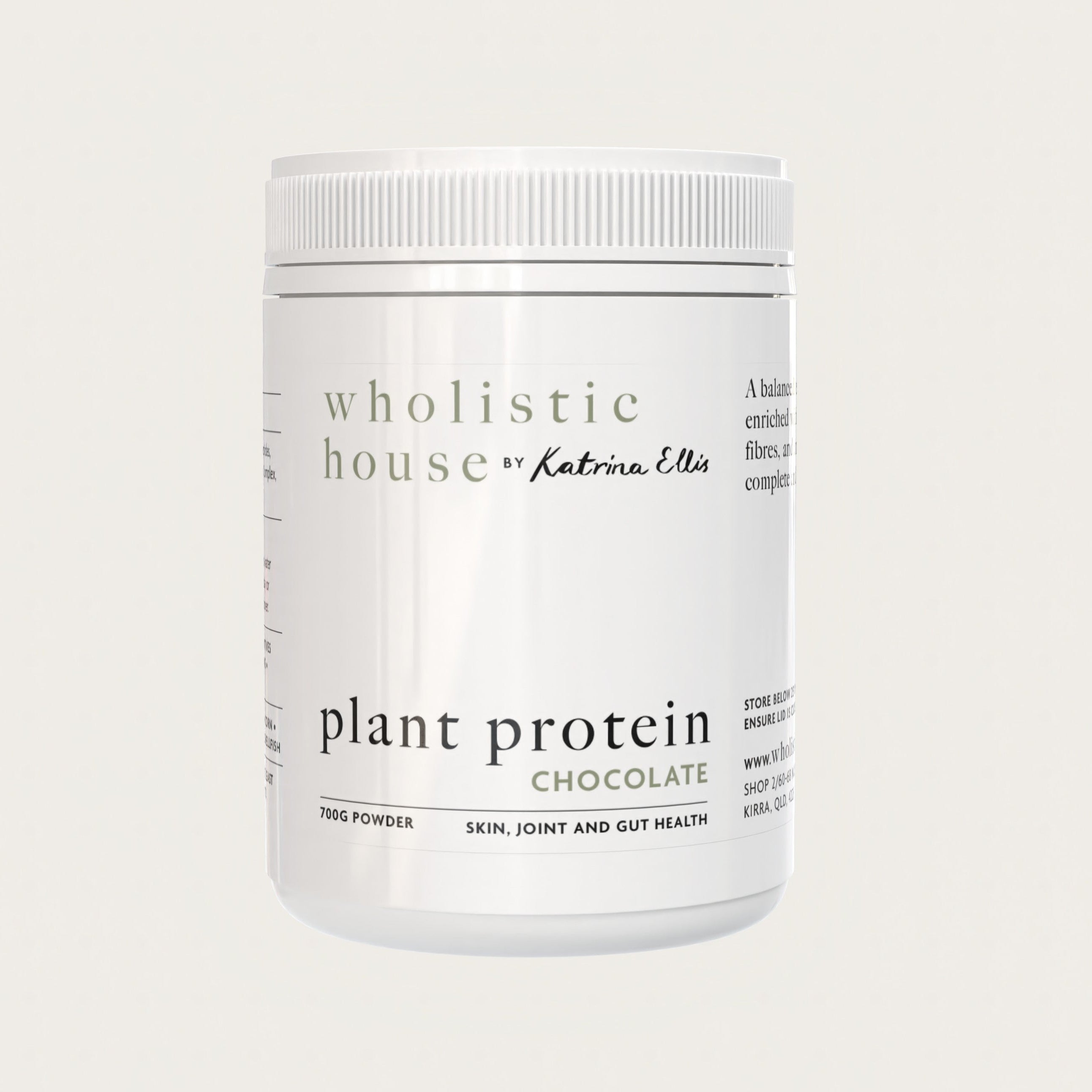 A container of Wholistic House Plant Protein in chocolate flavor, with a white label and simple design.