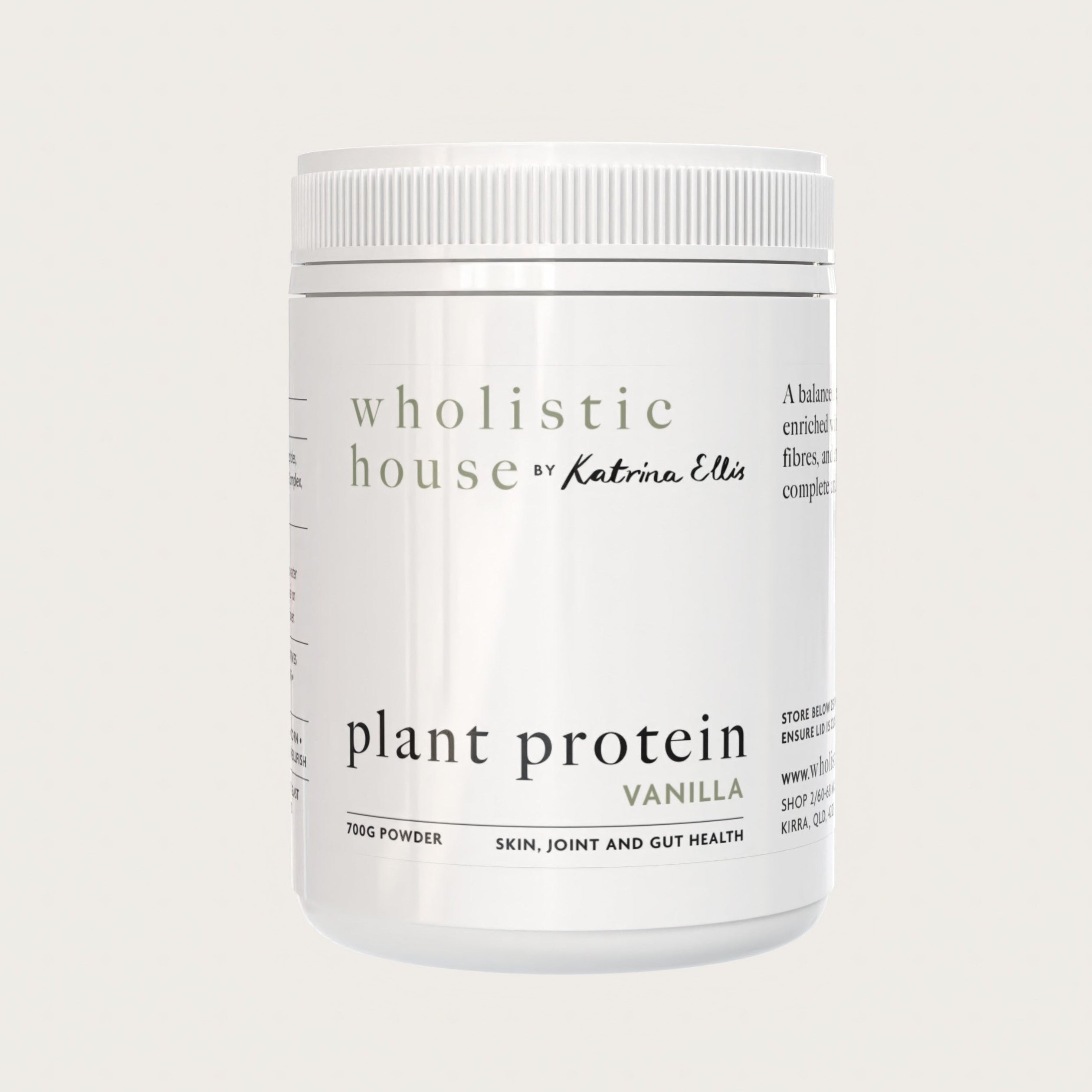 A container of Holistic House Plant Protein in vanilla flavor, with branding and product information on the label.